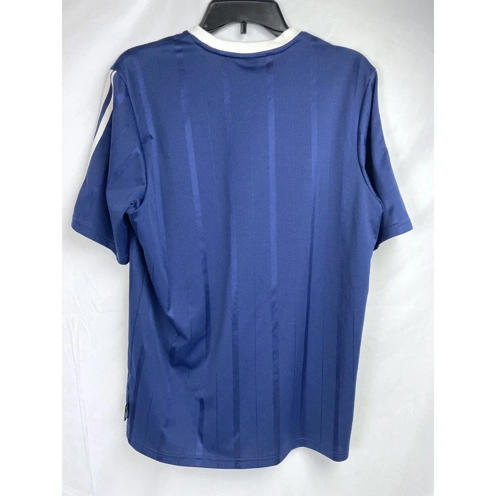Adidas Shirt Men MEDIUM Blue White Soccer Short Sleeve Jersey ClimaLite 3 Stripe